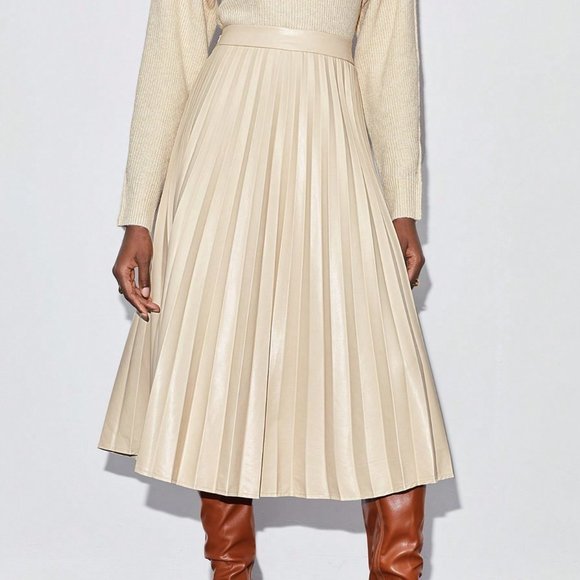 . Dresses & Skirts - Beige Casual Womens Patent Pleated Skirt